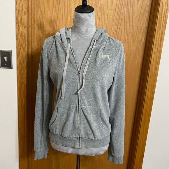 PINK Victoria's Secret Jackets & Blazers - PINK By Victoria Secret Gray Velour Full Zip Hoodie Size M